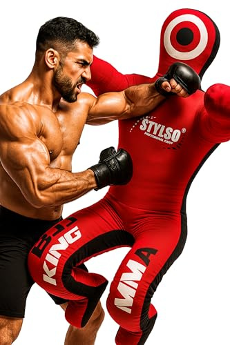 Ofylld gravningstrumpa, brottningsattrappe, Jiu Jitsu, träningsdummy för BJJ, MMA, Judo, karate, vuxna och barn, röd, ca 150 cm