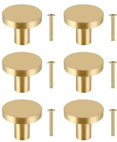 JIZZU Boutons de Meuble Ronds, 6pcs Bouton de Tiroir en Laiton Massif, Poignée de Meuble Armoire, Bouton de Porte Or pour Placard, Poignee Meuble Dorée avec 6 vis Pour Commode Armoire