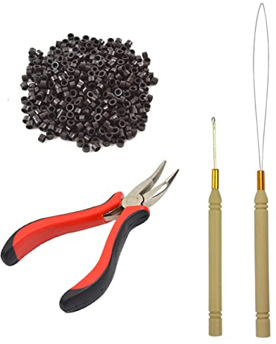 Extensions de Cheveux Kit I-Tip Cheveux Pinces Aiguille à Tirer et Aiguille à Anneau 500 Pcs 5 mm Micro-Anneaux（Marron foncé）