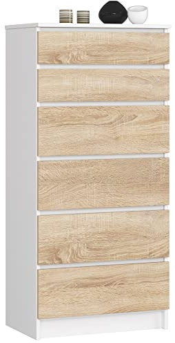 AKORD Kommode K60 mit 6 Schubladen | für das Wohnzimmer Schlafzimmer Schrank Büro Arbeitszimmer | Modernes Funktionales Design | B60 x H130 x T40 cm, Gewicht 43kg | Weiß/Sonoma-Eiche