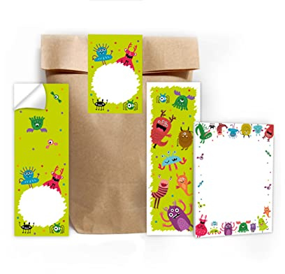 Junapack 6 Lesezeichen + 6 Mini-Notizblöcke + 6 Geschenktüten (Natur) + 6 Aufkleber Monster Mitgebsel Gastgeschenk beim Kindergeburtstag Jungen Mädchen