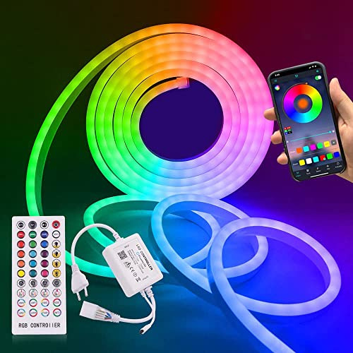 XUNATA 230V Bluetooth Neon LED Streifen, SMD 5050 IP65 Wasserdicht Diffusion Silikon Mehrfarbig Neon Flex LED Schlauch Lichtband (20M)