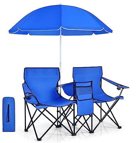 GIANTEX 2 Sedie da Campeggio con Ombrellone, Pieghevole Doppia Sedia da Pesca con Portabicchieri e Borsa Frigo, Sedia Pieghevole per 2 Persone, 5 Colori (Blu)