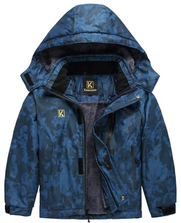 Keevoom Boys Rian Jackets Waterproof with Hood,Kids Winter Warm Ski Jacket Fleece Snow Coat Snowboard Jacket Blue Camo Size 10-12