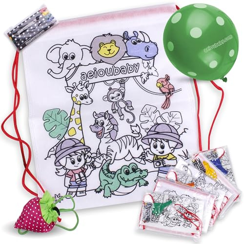 aeioubaby.com 25 Zainetti da Colorare + Borsa Riutilizzabile | 25 Bustine singole con 5 Colori a Cera e un Palloncino | Regalo per bambini per le feste e i compleanni (Animali)