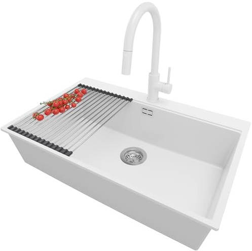 PRIMAGRAN Lavandino da Cucina al Mobile 80cm + Rubinetto, 78x50cm | Set: Rubinetto BW9010 + Kit di scarico + Scolapasta avvolgibile + Lavello in Granito a 1 Vasca - Oslo Top, Bianco