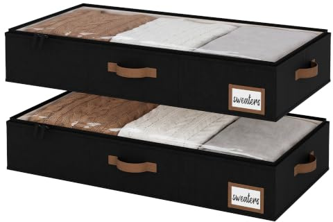 StorageWorks Unterbett Aufbewahrungsboxen, Schwarz, 2 Stück | Große Unterbett Aufbewahrung, Mit Reißverschlüssen, Premium Bettkasten, Für Kleidung Bettdecken