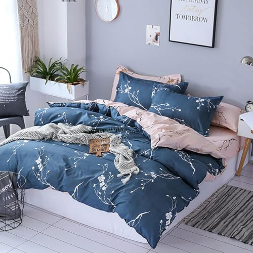Tospass Bettwäsche 135x200 cm Blumen Marineblau Rosa Modern Floral Bettwäsche Set Mädchen Bettbezug Weiche Mikrofaser Wende Bettwäsche 1 Deckenbezug mit Reißverschluss 1 Kissenbezug 80x80 cm