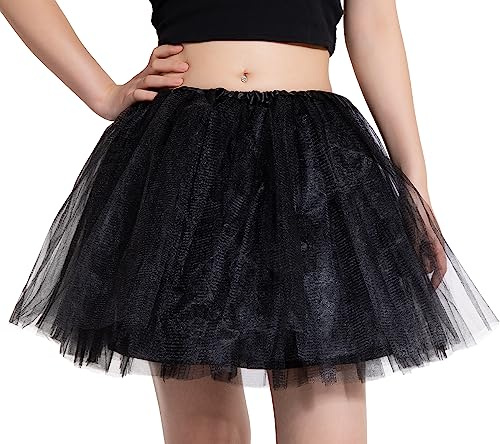 DGSHIRLDJO Tüllrock Damen Klassisch Elastisch 4 Lagig Petticoat Erwachsene Ballettrock Halloween Party Kostüm Tanzrock (Schwarz)