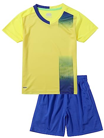 Hiheart Set da Calcio per Ragazzi Junior Calcio Abbigliamento Futsal Bambini Allenamento Top e Bottom Set Studenti Abbigliamento Estivo 11-12 Anni Giallo