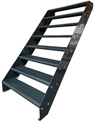 Kaminbau Mierzwa Escalier de jardin en acier de qualité supérieure, entièrement anthracite, 8 marches en caillebotis, largeur 1000 mm, hauteur 152 cm, résistant aux intempéries