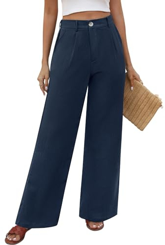 PASUDA Pantalon Femme Été Fluide Pantalons Taille Haute Elastique avec Bouton Pantacourt avec Poches Léger Ample Longueur Droit Pants Chic Décontractée Travail (Marine, L)