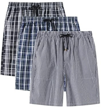 AjezMax Pacco da 3 Pantaloncini da Pigiama da Uomo Cotone Corti Pantaloni Notte Estivo Salotto Quadri con Tasche