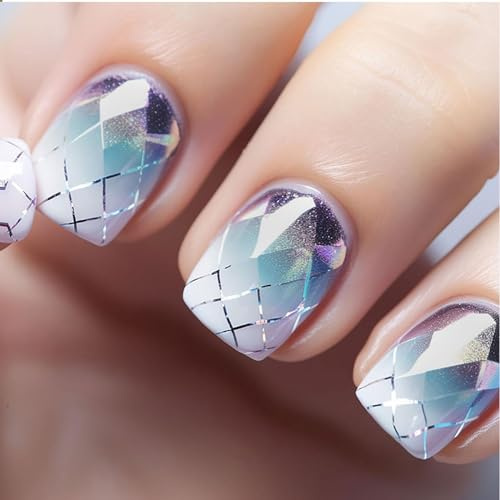 Goiern 24 uñas postizas cuadradas para uñas postizas, uñas acrílicas con recubrimiento completo, geométricas, uñas postizas, pegamento morado degradado en uñas para mujeres