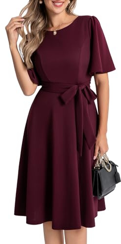 Bbonlinedress Vestido de cóctel vintage para mujer, formal, para invitada de boda, ajustado, acampanado, para iglesia, trabajo, graduación, 2025, con mangas, Borgoña, S