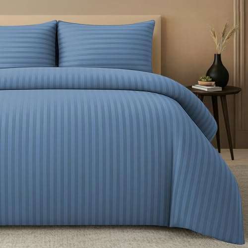 Pamposh, Set copripiumino king size a righe satinate, qualità alberghiera, biancheria da letto ipoallergenica ultra morbida in microfibra