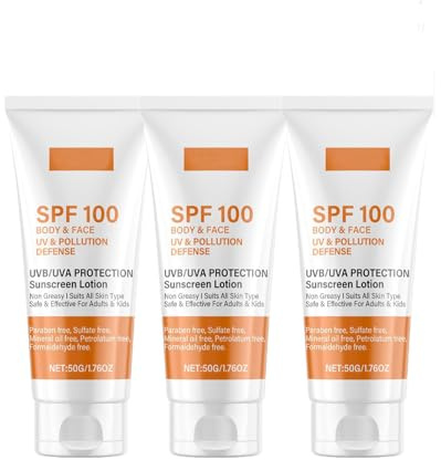 Sonnencreme SPF 100, Sunscreen SPF 100, Sunscreen Lotion, Sonnenlotion mit UVA/UVB-Schutz, Feuchtigkeitsspendende, Anti-Aging Sonnencreme für Gesicht und Körper, Wasserfest, Nicht-fettend (3PC)