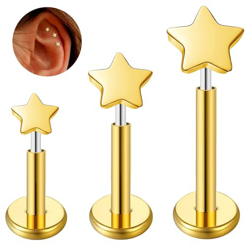ESHIONER G23 Titan Conch Tragus Helix Medusa Ohr Ohrpiercing Labret Lippe Bar Stecker Knorpel Hypoallergen Gold Stern 16g 6mm 8mm 10mm Gewindelose Push In Flat Back Studs Piercing Schmuck