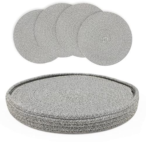 fanquare Cotton Woven Placemat Set of 4 Dark Grey Round Place Mats with Storage Tray Heat Resistant Washable Non-Slip Table Mats for Dining Kitchen Table Decoration 33cm