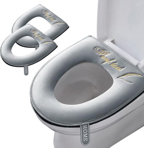 LUKDUNG 2 Stück Toilettensitzbezug, Warmes Toilettensitzkissen Toiletten, Universal Reißverschluss Toilettensitz Abdeckungspolster mit Griff, Waschbar Toilet Seat Cover