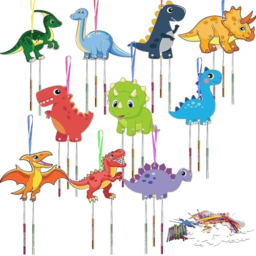 10 Pcs Dinosaurier Windspiel Bastelset Kinder DIY Dino Basteln Holz Klangspiel Bastelhandwerk zum Bemalen Bastelhandwerk zum Bemalen Kreativsets für Jungen Mädchen Herbstdeko Geburtstag