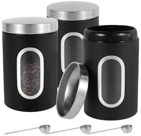 KTCINA 3 Stück Kaffeedose Luftdicht 1.5 L mit Sichtfenster mit 3 Messlöffel 11 * 17,5 cm Vorratsdosen Set Edelstahl mit Deckel Luftdicht Aufbewahrungsbox Behälter für Kaffeebohnen Zucker Soßen Gewürz