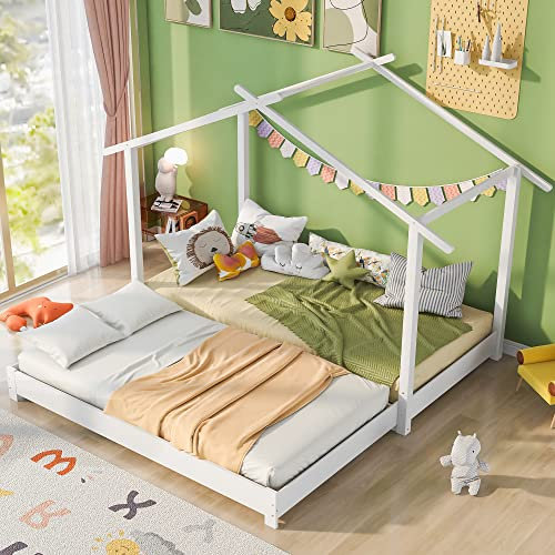 Arhatreya Hausbett 90/180x190 cm, Kinderbett mit Dach, Bodenbett mit Lattenrost, Holzbett für Kinder Jugendliche (Ohne Matratze) Weiß