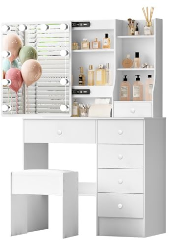 Ereousa Dressing Table with Mirror and Stool, Vanity Desk with 6 Drawers and 6 Shelves, Makeup Desk with Adjustable Led Lights, Makeup Table for Bedroom, 80x36x131cm, White, HZ411210