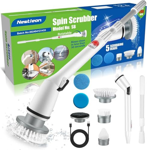 Nestleon Electric Cleaning Brush & Spin Scrubber - Cordless Rechargeable Scrubbing Brush with 5 Replaceable Heads, Adjustable & Detachable Handle, IPX5 Waterproof for Bathroom Tiles, Kitchen, Floors