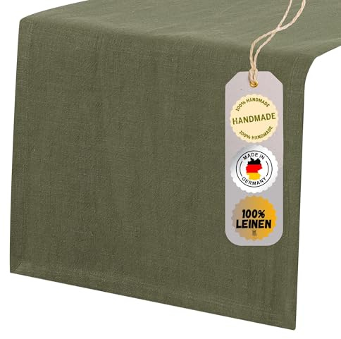 chambry Tischläufer 100% Leinen Stonewashed – Handarbeit Made in Germany – Größe und Farbe wählbar – natürliche und hochwertige Tischdekoration aus Naturmaterial Khaki 40cm x 180cm