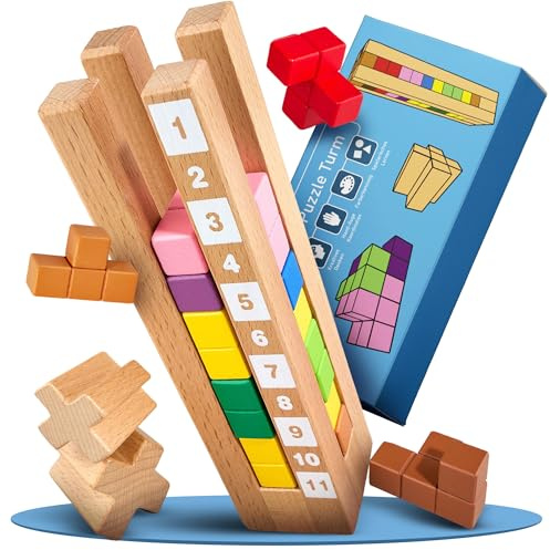 Puzzle Brain Tower träleksak från 3 år – logikspel med 3 svårighetsnivåer och 21 nivåer – Montessori pedagogisk leksak för barn – lära sig färger och siffror, tänkspel för att främja utvecklingen