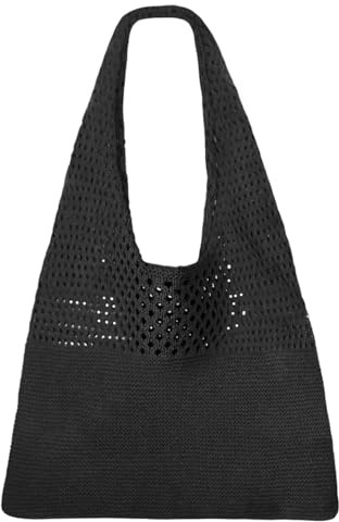 ELNX Borse a mano da donna in maglia, borsa tote retrò con motivo a uncinetto, borsa da spiaggia all'uncinetto, borsa da spiaggia in rete, borsa a tracolla boho per lo shopping natalizio(nero)