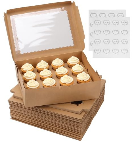 KEILEOHO 20 Stück 12er Cupcake Muffin Box Karton, 30,5 x 22,8 x 9,5 cm Kraftpapier Cupcake Boxen mit Danke-Aufklebern für Keks, Dessert, Gebäck