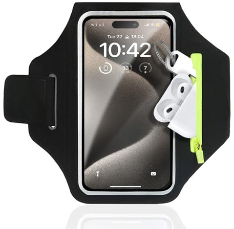 Running Armband Phone Holder, Running Phone Holder with Foldable Elastic Strap Arm Phone Holder for Running with Airpods Zipper Pocket 6.7'' Armband Accessories for iPhone 16 15 14 13 Galaxy