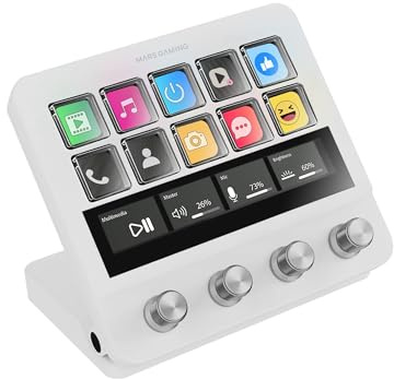 Mars Gaming MSD-Pro, Control Deck, 10 Touches LCD et 4 Boutons Personnalisables, Écran Tactile Étendu Animé, Base Réglable ; Logiciel de Contrôle, Hub USB avec 2X USB 3.0 + 1x USB-C, Blanc