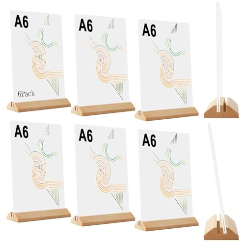 Tischaufsteller A6, Acryl Aufsteller mit Holzfuß (B, 6 Stück, 10 x 15cm) | Doppelseitiger Displayständer, für Preisschilder & Menükarten, für Restaurants, Cafés, Büros