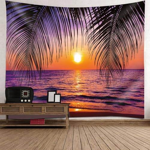 Skcess Tapiz de pared de 300 x 256 cm, poliéster para pared, color lila y naranja, hojas de palma en el mar al atardecer