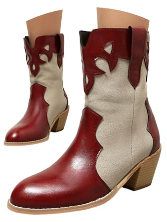 Xbemkste Bottes de cowboy pour femme - Élégantes - Confortables - Bottes de cowboy - Tige courte - Bottes de transition - Bottes de transition - Bottes à enfiler, Bordeaux, 38.5 EU