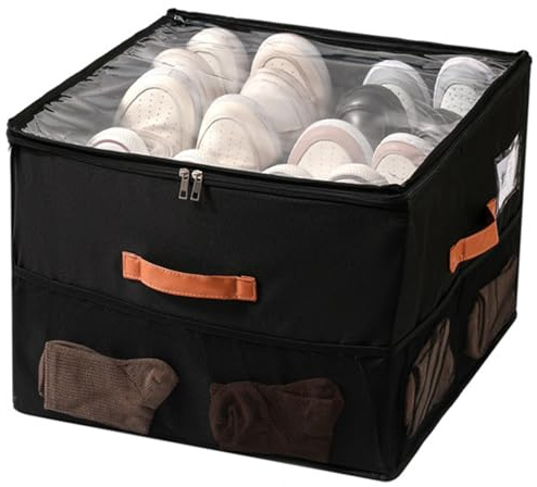 HZXYchen Shoe Storage Organizer, Shoe Organiser Fits 16 Pairs, Shoe Box Storage Containers with Clear Cover & Handles, Foldable Storage Bins with Sock Storage Net Fit for Boots Heels Sneakers (Black)
