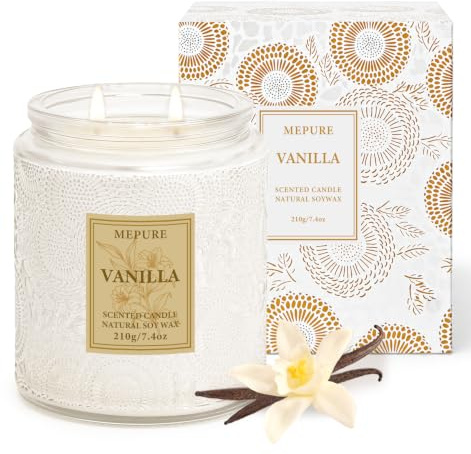Vanille Duftkerze im Glas, 210g Sojawachs, Entspannung & als Geschenkidee | 2 Baumwolldochte, gleichmäßiger Abbrand, handgegossene Kerze, strukturiertes Glas, warmer süßer Vanilleduft, bis zu 50 Std.