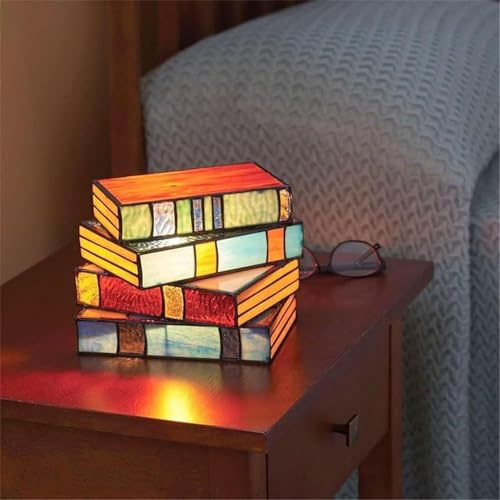 Stained Glass Stacked Books Table Lamp, Retro Resin Book Decor for Bedside, Vintage Style Desk Light for Reading Room and Office