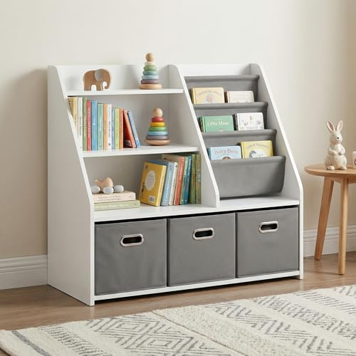 EFURDEN Kinder Bücherregal mit Aufbewahrung – Montessori 4-stufiges Spielzeugregal aus Holz mit 3 Schubladen & 4 Stoffboxen | Organizer für Kinderzimmer & Spielzimmer