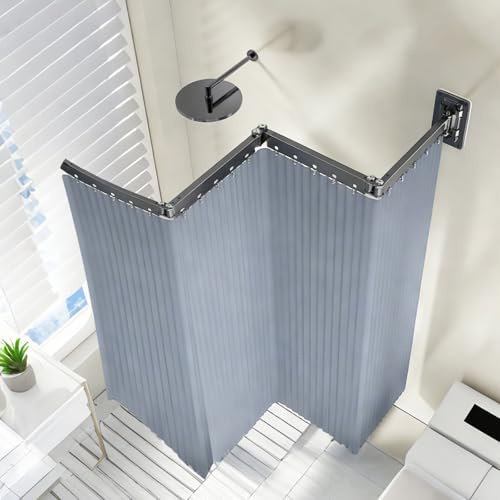 Foldable Shower Curtain Rod Set, 4-Fold Multi-Angle Adjustable Corner Rod, No-Drilling, with 123 x 180 cm Waterproof Mildew Resistant Grey Curtain, for Bathrooms, Bathtub, Changing Rooms(Gray)