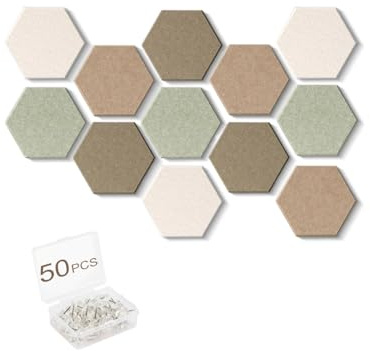 Acidea 12 Stück Filz Pinnwand Sechseckig, Selbstklebende Sechseckige Korkplatte DIY mit 50 Durchsichtig Pushpins, Kork Alternative Fototafel Wanddekoration für Fotos, Memos, Notizen