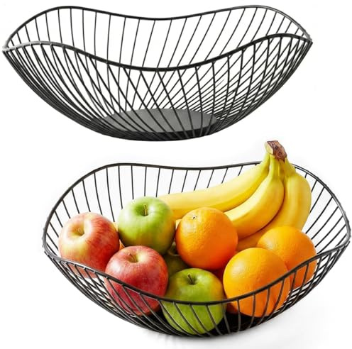 QiMan 2 Stück Obstschale Modern, Obstschale Schwarz Rutschfest, Starke Tragfähigkeit,Obstschales Metall für Obst, Gemüse, Snack,Kleinigkeiten, Dekoration