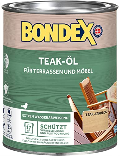 Bondex Teak Öl Farblos 0,75 L für 17 m² | Extrem wasserabweisend | Schützt vor Rissbildung und Austrocknung | Atmungsaktiv | matt | Holzöl | Holzschutz