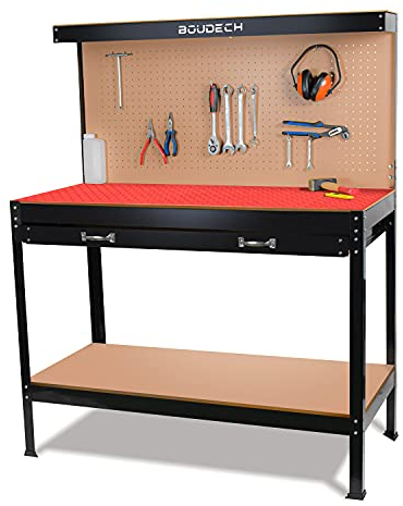 Banco da Lavoro con piano da 120x60cm, parete forata e ganci universali per attrezzi + 1 cassetto porta utensili + 2 mensole