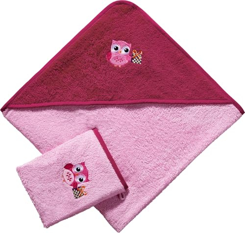 Erwin Müller Kinder Frottierset 2-TLG. Kapuzenbadetuch + Waschhandschuh Eule rosa Größe 100x100 cm + 15x21 cm - saugstark, langlebig, angenehm weich