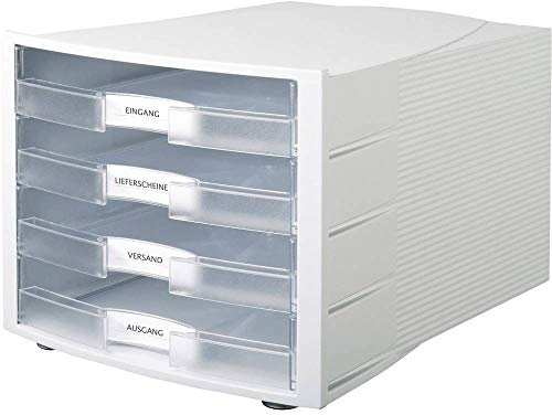 HAN Schreibtisch-Schubladenbox IMPULS – Stapelbare Sortierablage mit 4 großen Schubladen für DIN A4/C4 inkl. Beschriftungsschilder – 29,4 x 36,8 x 23,5 cm (BxTxH) – Transluzent-klar/Lichtgrau