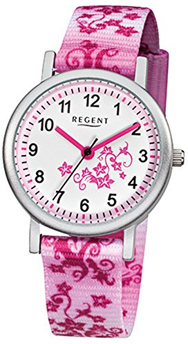 REGENT Kinder-Armbanduhr rosa pink weiß Analog F-727 Textil-Armband URF727 Analoguhr